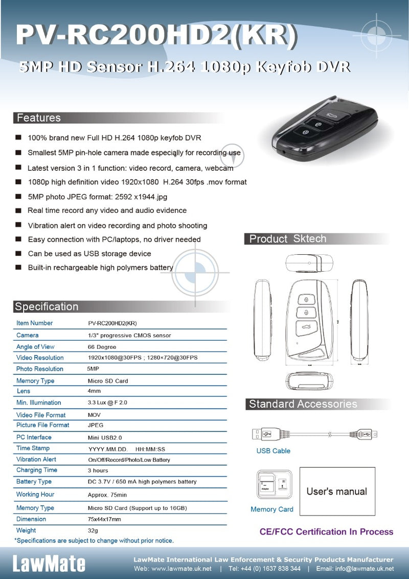 LawMate RC200 HD2(KR) Keyfob Covert Camera