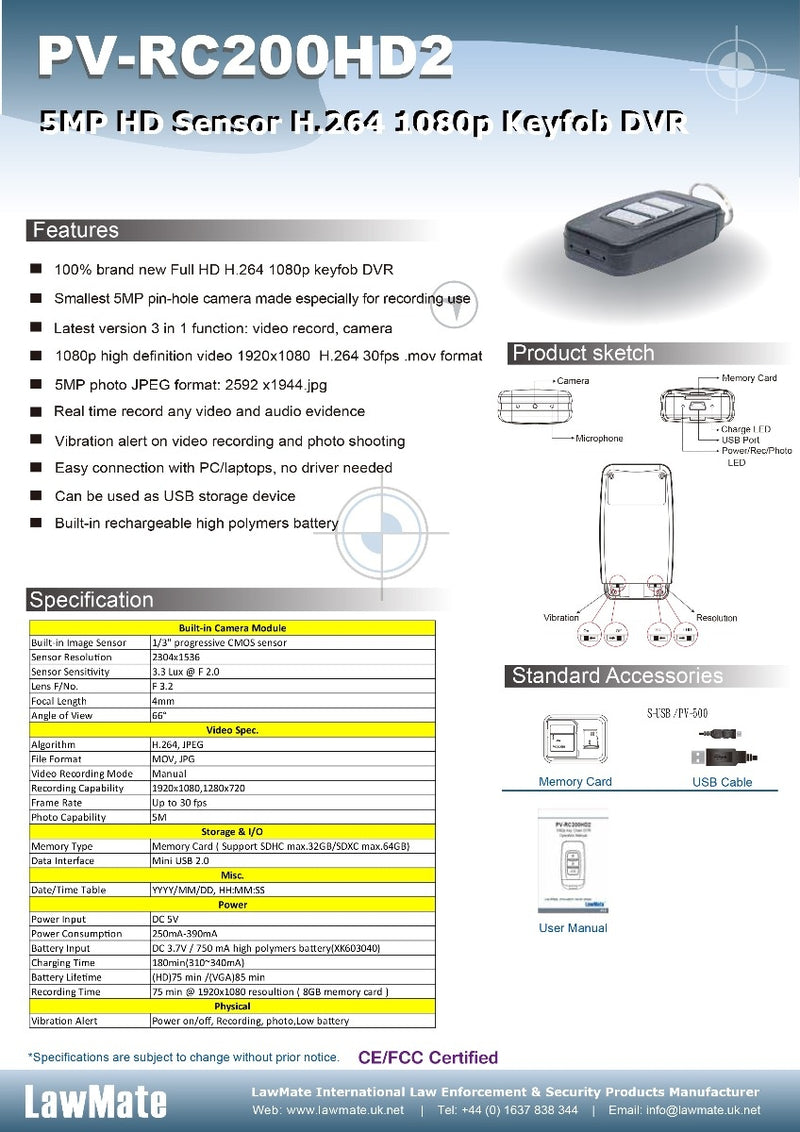 LawMate RC200 HD2 Keyfob Covert Camera